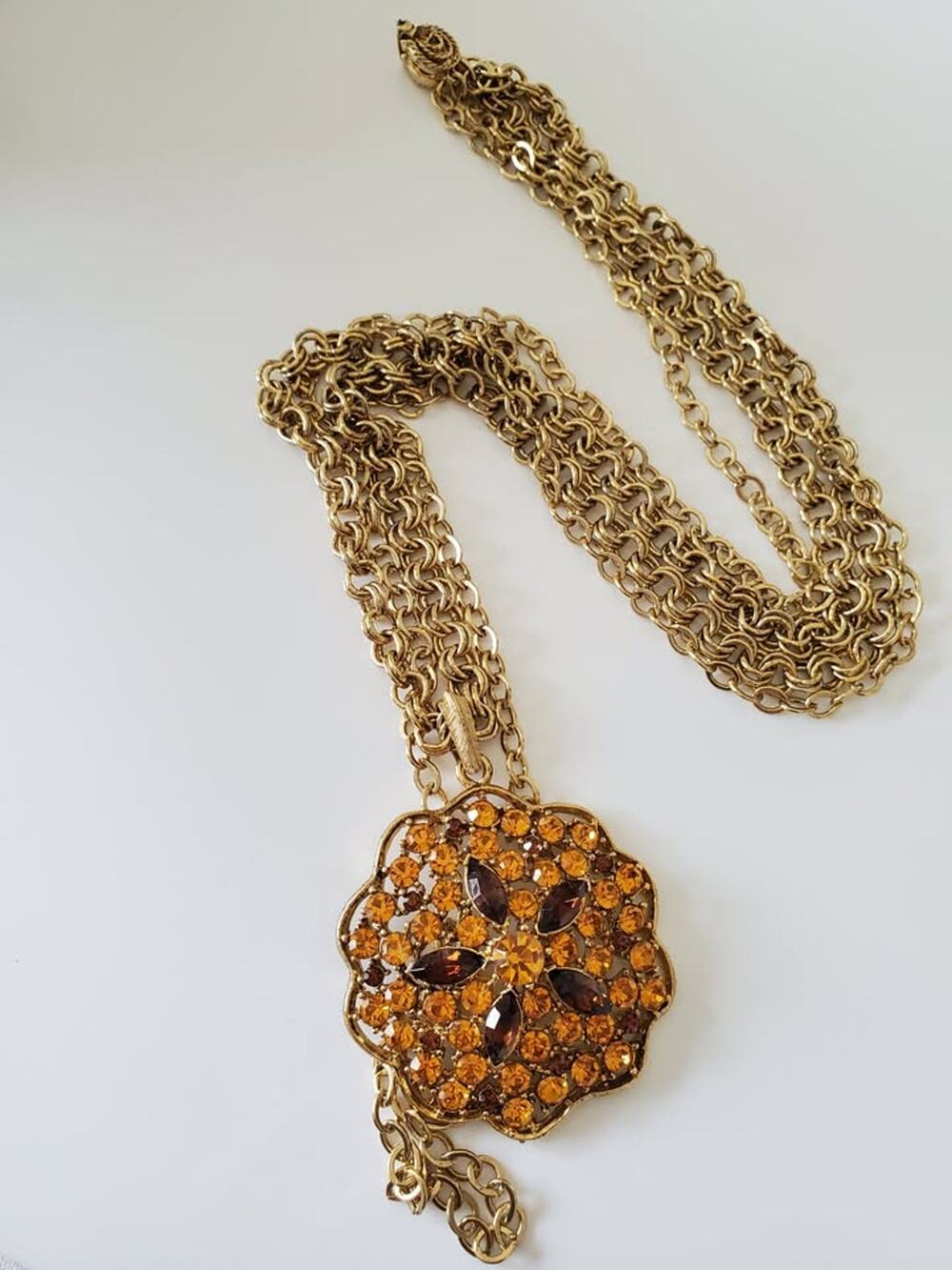 Vintage Orange and Amber Rhinestone Double Strand 30 in Necklace